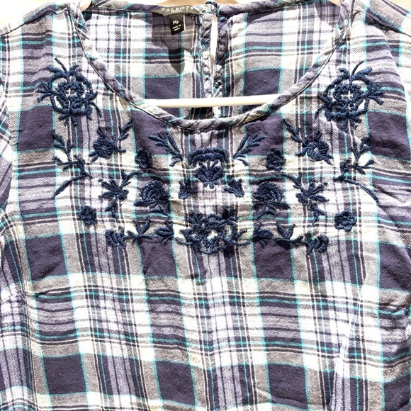 Talbots top plaid scalloped trim floral embroidered blue purple. SZ M P NWOT - Picture 5 of 13